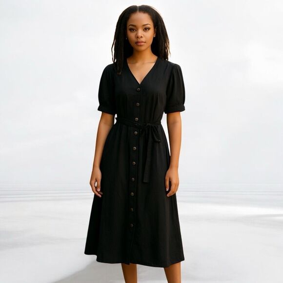Time and Tru Dresses & Skirts - Time And Tru Puff Sleeve Tie Belt Button Front Linen Blend Midi Dress Black XXL